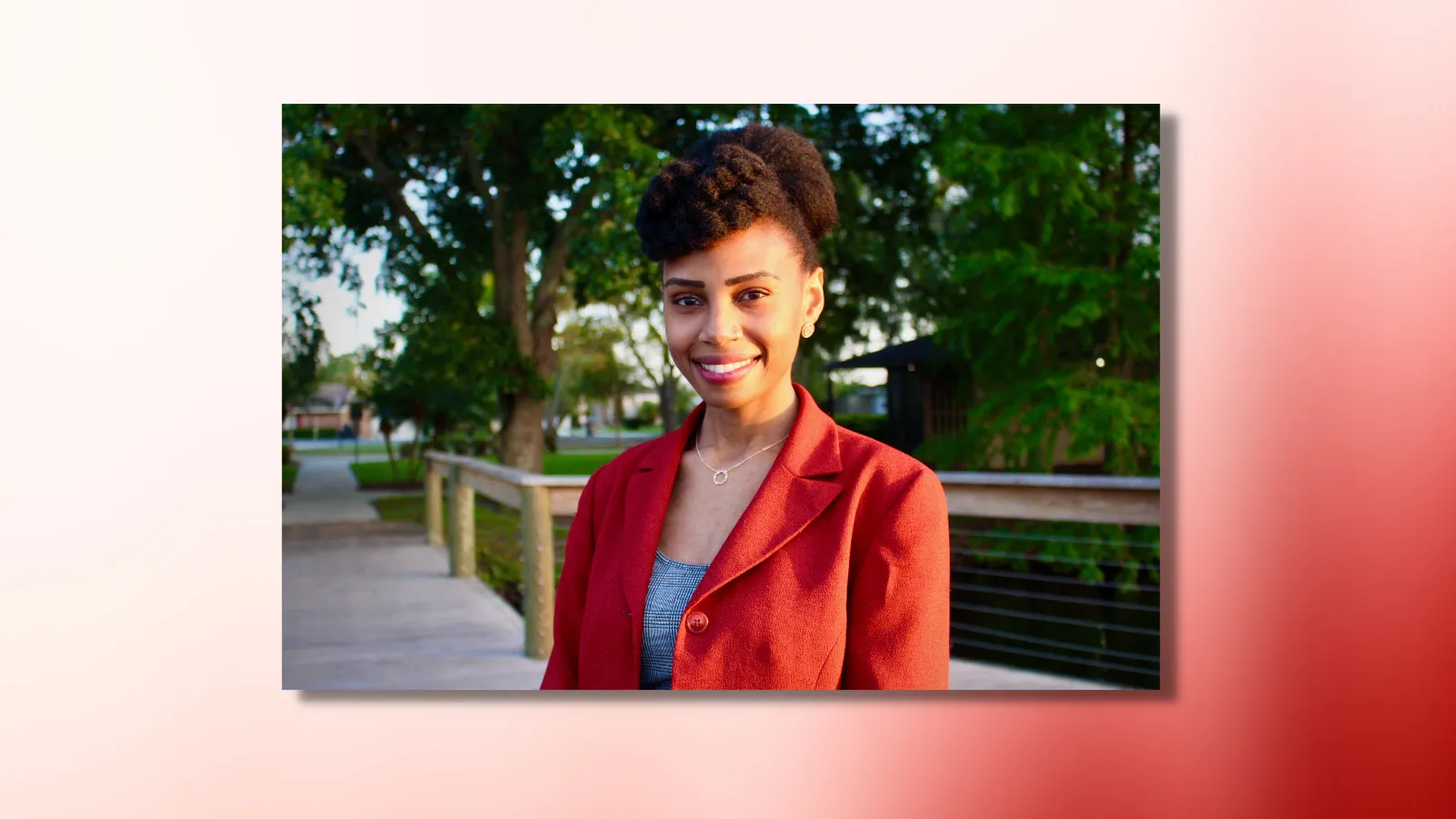 stella ross headshot on red and white ombre background